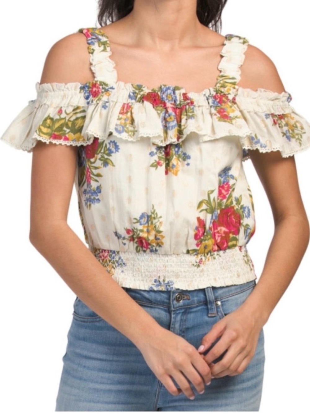 New Women’s House Of Harlow 1960 Helena Ivory Floral Ruffle Crop Top